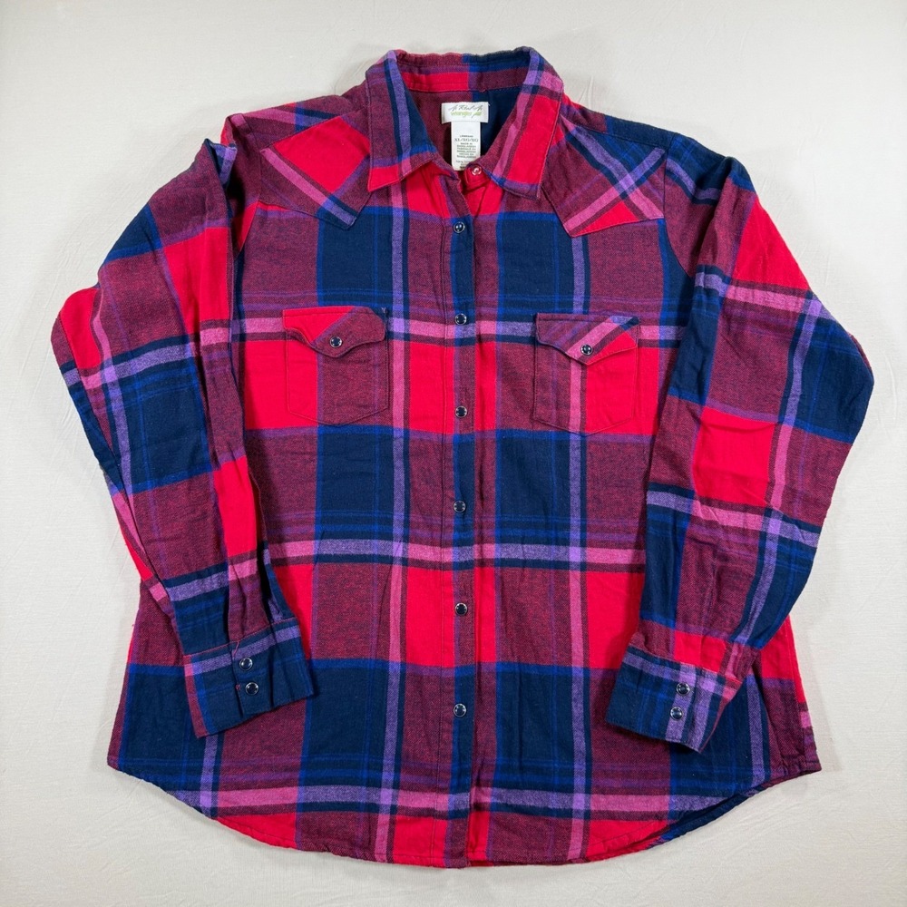 As Real As Wrangler Women XL Red Blue Plaid Western Pearl Snap Flannel LRW834M